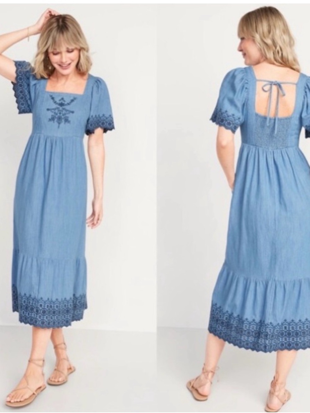 Old Navy Light Blue Embroidered Puff-Sleeve Midi Dress